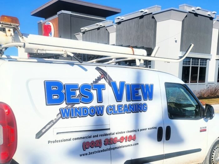 Best View Window Cleaning company van with equipment on top, ready for commercial and residential services in PEI.